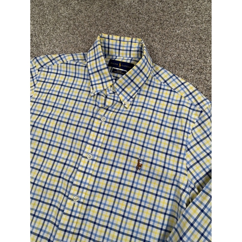 Ralph Lauren Mens Slim Fit Stretch Oxford Shirt Yellow Blue Plaid Medium #0897